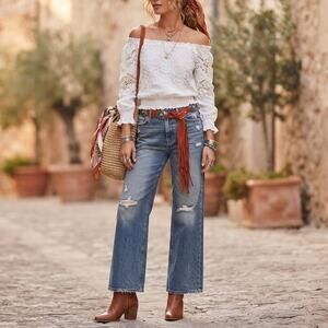 Temptation Positano Italian Linen Off Shoulder Crochet Top XS Lace Peasant Boho
